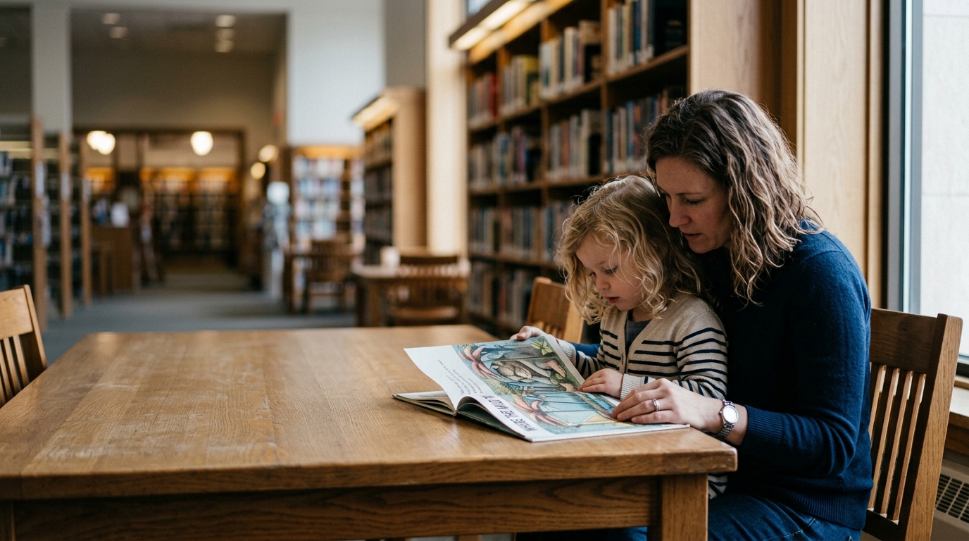 A parent reading with a child at a Kamloops library table